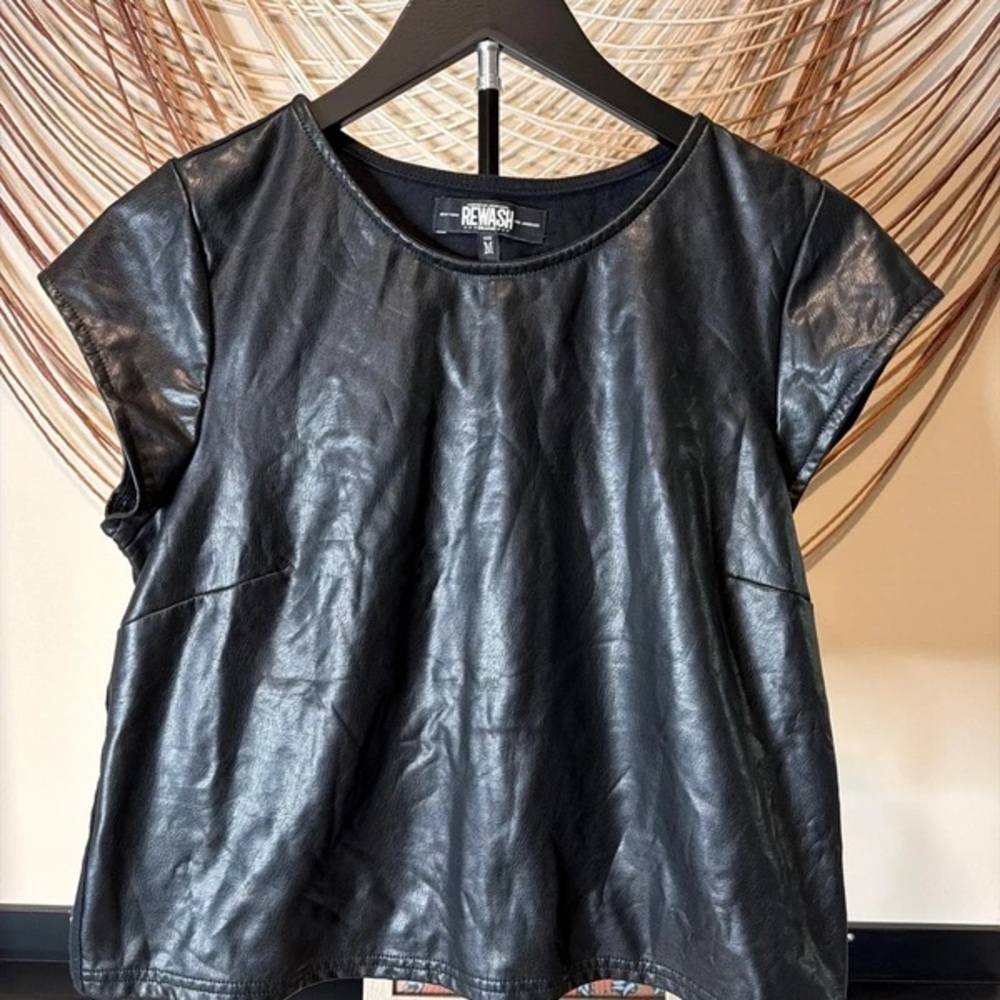 Rewash Black Faux Leather Short Sleeve Tunic Top